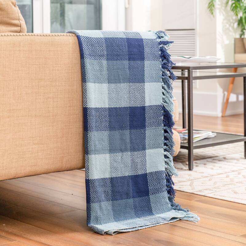 Fabstyles Herringbone Checkered Cotton Throw Blanket with Fringes