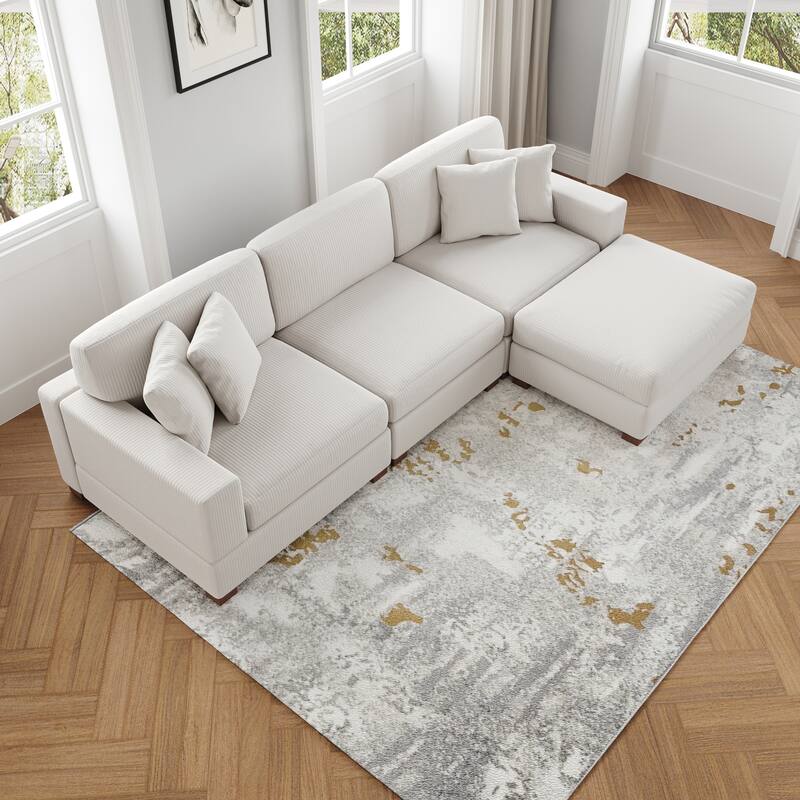 Ella 82" W/ 118" W Corduroy Modular Sectional Sofa with Ottoman