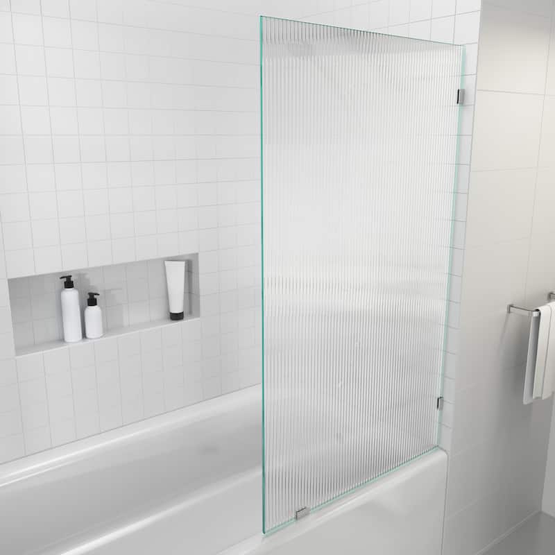 Glass Warehouse 58.25" x 34" Frameless Shower Door - Single Fixed Bath Panel Fluted Frosted - Brushed Nickel