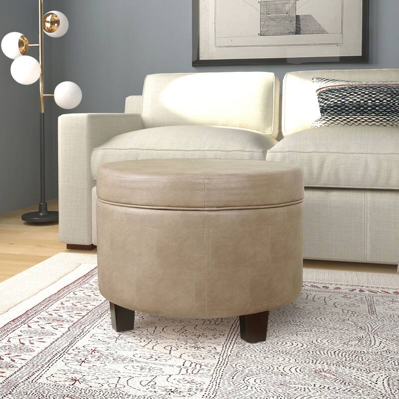 HomePop Round Faux Leather Storage Ottoman - Taupe - Taupe