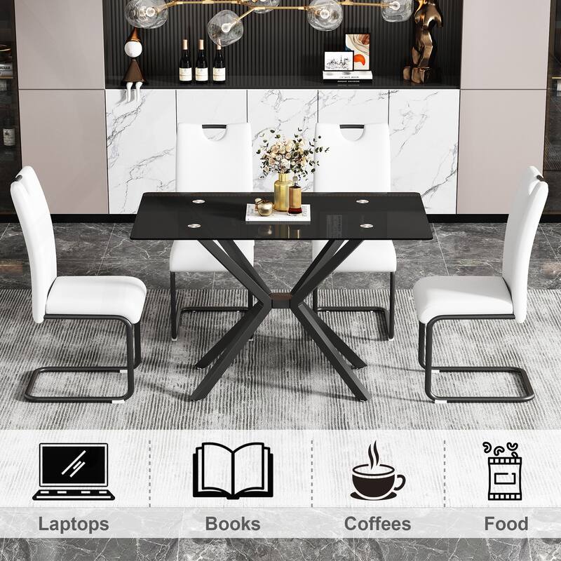 Stylish Rectangular Tempered Glass Dining Table with Sturdy Metal Legs for Dining Room - Black