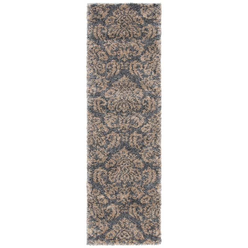 SAFAVIEH Florida Shag Aurkene Floral Damask 1.2-inch Thick Rug - 2'3" x 11' Runner - Grey/Beige
