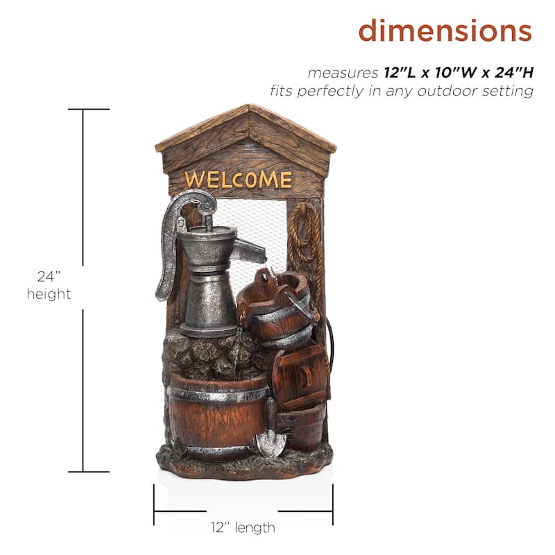 Alpine Corporation 24" Tall Vintage Water Pump with Welcome Sign and Barrels Fountain Yard Art Décor, Multicolor