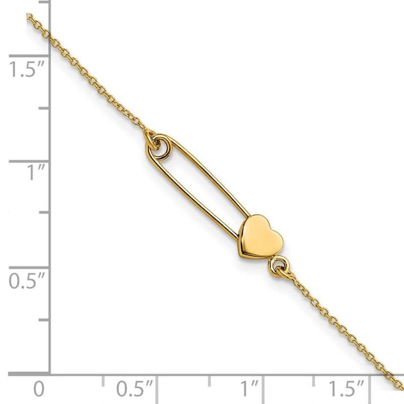 Curata 14k Gold Safety Pin With Love Heart Bracelet 7 Inch