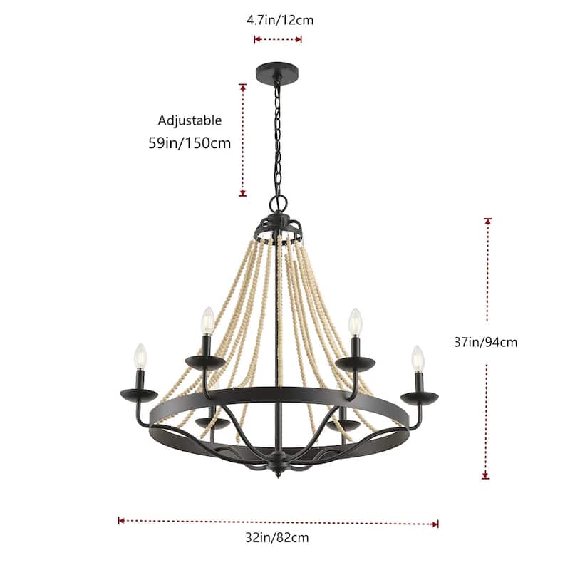 Matte Black Farmhouse Candle Chandelier with Wood Beads Design