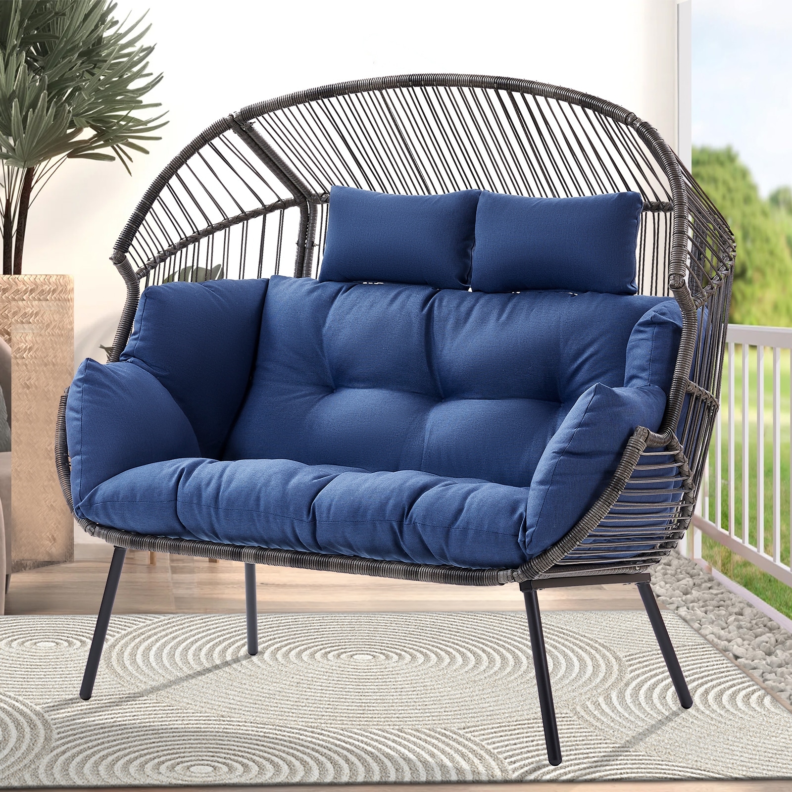 Outdoor Patio Double Egg Chair Blue Cushion - Grey