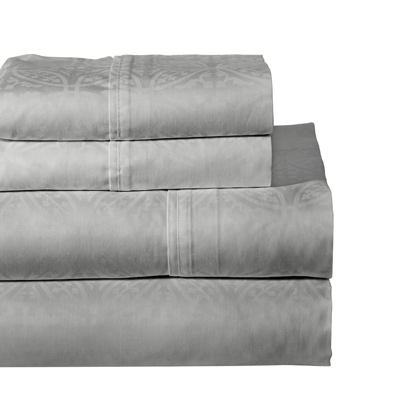 Pointehaven 300 Thread Count Cotton Tone-on-Tone Printed Bed Sheet Set - Twin XL - Grey