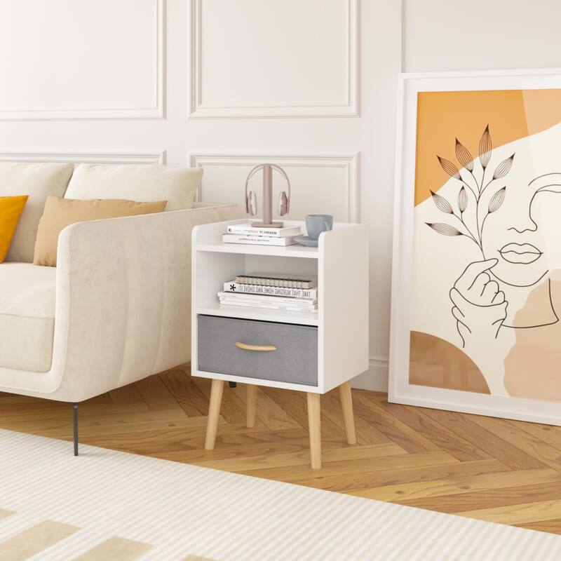 Nightstand With Collapsible Fabric Drawer,2-Tier Storage End Table, Wood Side Table With Storage Cabinet For Kids,Adults