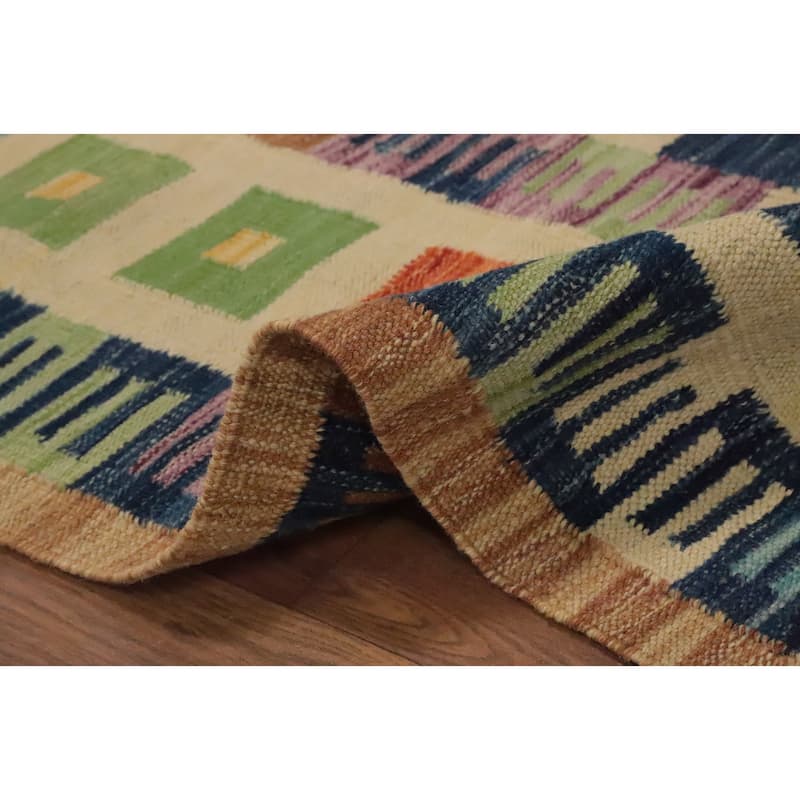 Hand Woven Oriental 100% Wool Carpet Southwestern Modern Navy Blue & Blues Kilim Area Rug - 9' 2'' X 6' 0''