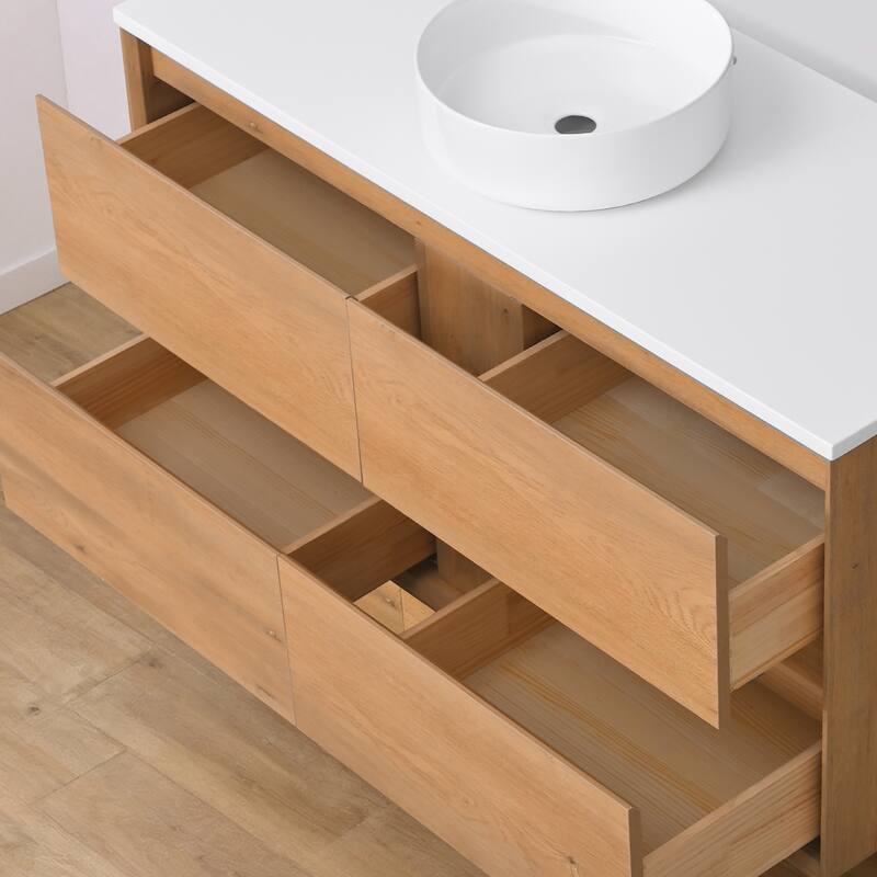 Sylphar 48 inch Toffee Oak Floating Bathroom Vanity with White Quartz Top