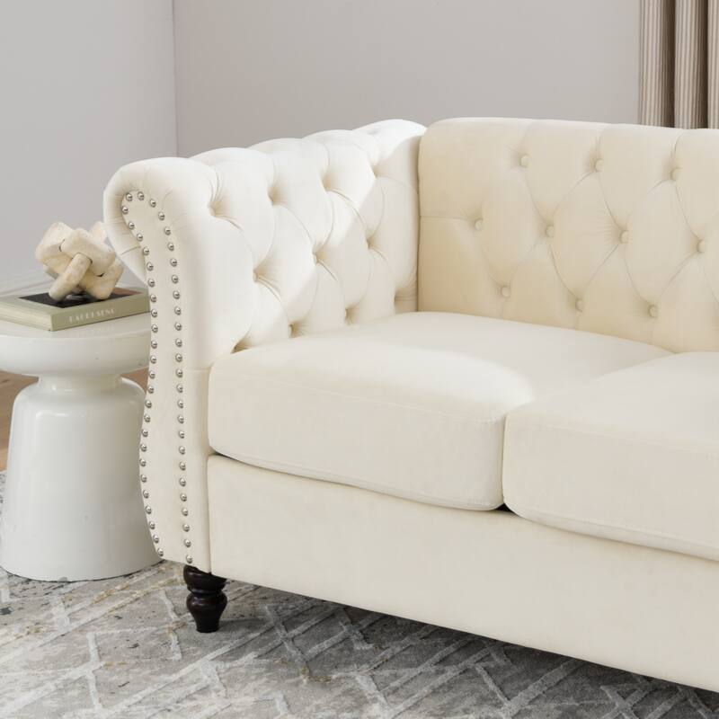 58.8" Chesterfield Sofa Beige Velvet for Living Room, 2 Seater Sofa Tufted Couch with Rolled Arms and Nailhead