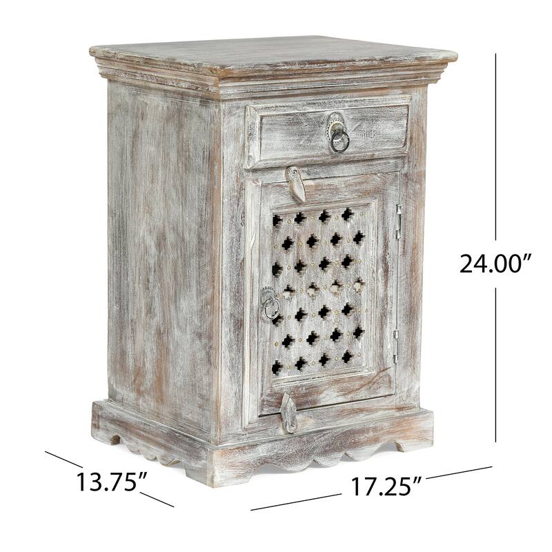 Distressed Mango Wood Nightstand with Drawer & Cabinet, Bedroom Bedside Cabinet