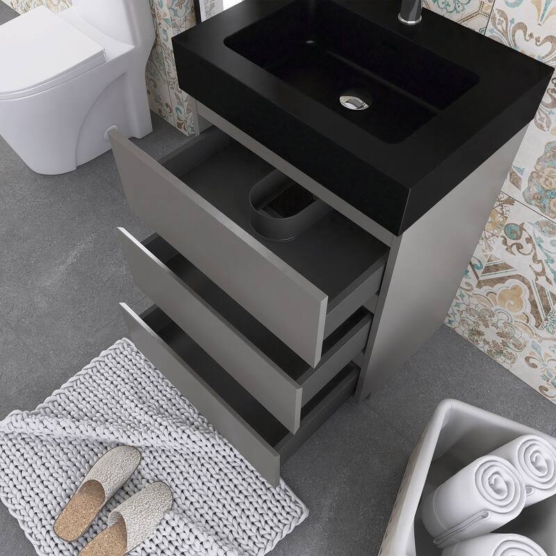 Freestanding Bathroom Vanity with Black Solid Surface Top