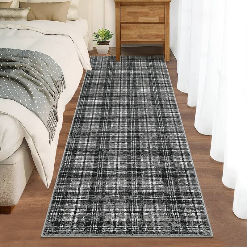 Washable Area Rugs for Living Room Bedroom Modern Plaid Rug Soft Non Slip Low Pile Farmhouse Geometric Rug