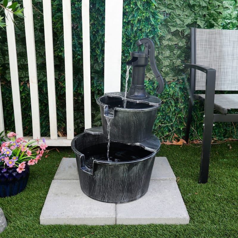 Alpine Corporation 27in Outdoor Rustic 2Tier Barrel and Pump Water Fountain with LED Lights Garden, Patio, or Yard Decor, Silver