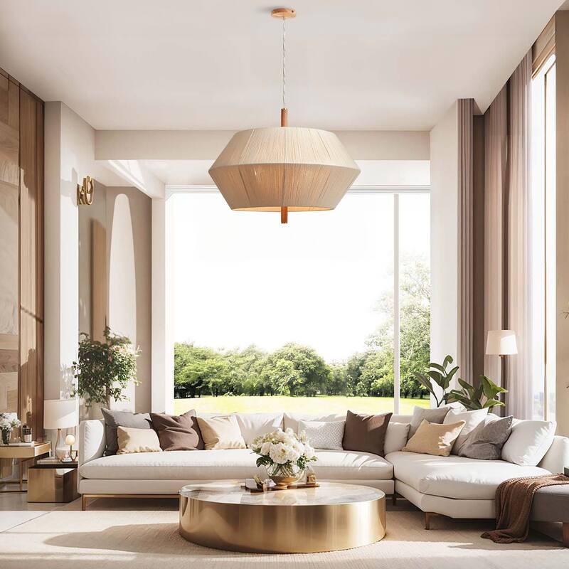 Nimbus Modern Pendant Light - Metal, Wood & Gold, Beige Geometric Light Fixture For Modern, Scandinavian, Minimalist Room Decor