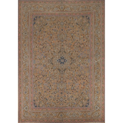 Orange Floral Mashad Persian Vintage Area Rug Hand-Knotted Wool Carpet - 9'7"x 12'8"