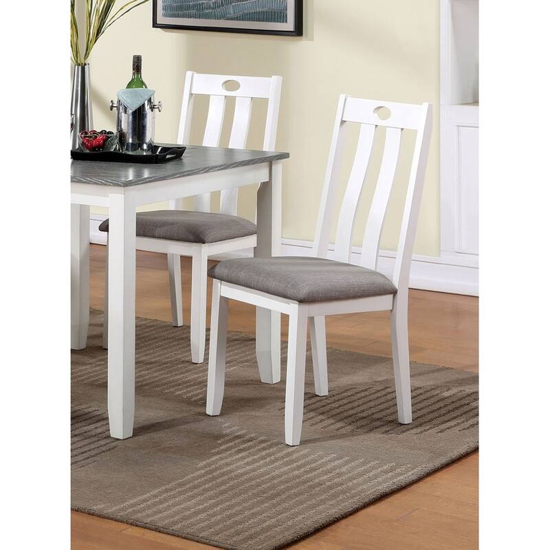 Modern White Solid wood 5pc Dining Set Table 4x Chairs Gray Fabric Cushions Seats Chairs Dining Room