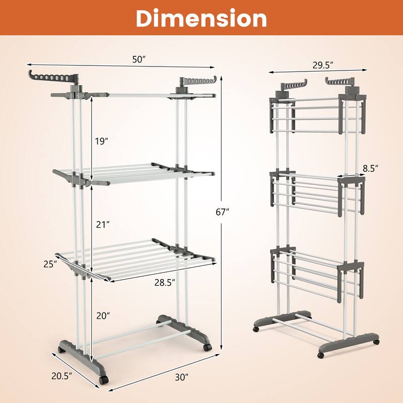 Gymax 3-tier Folding Clothes Drying Rack w/ Rotatable Side Wings &