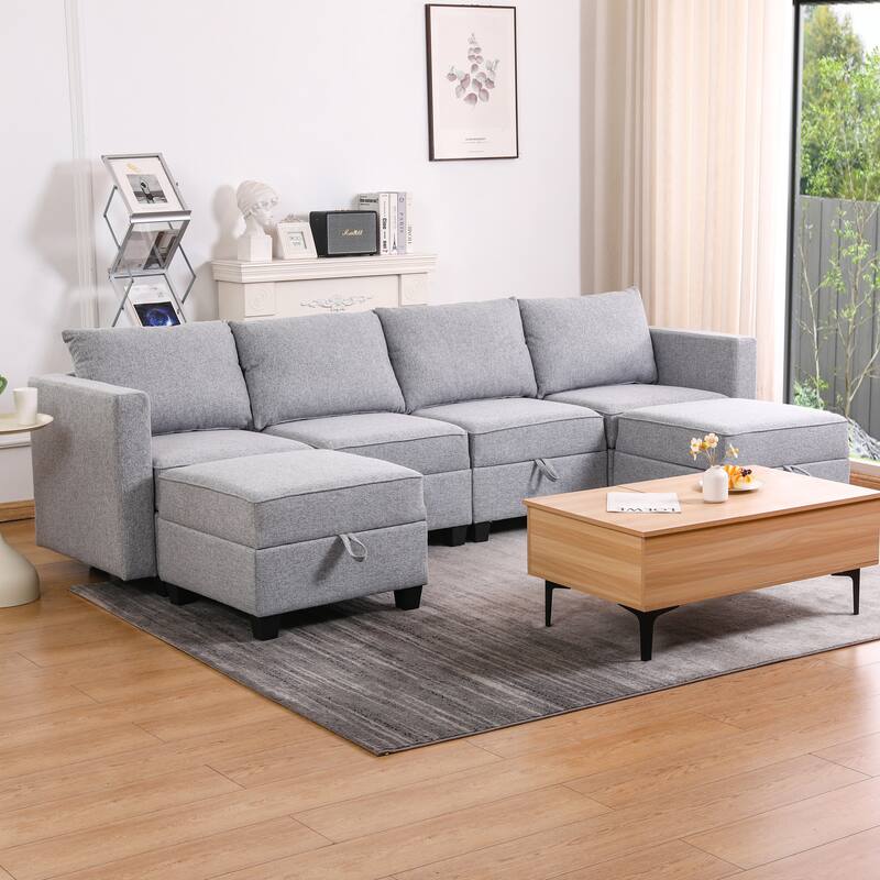 110.3" Burlap U-Shaped Modular Sectional Sofa with Sleeper & Storage - LIGHT GREY