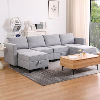 Convertible Modular Sectional Sofa Couch with Storage Seat, U Shaped 4 - Seat, Light Grey Burlap