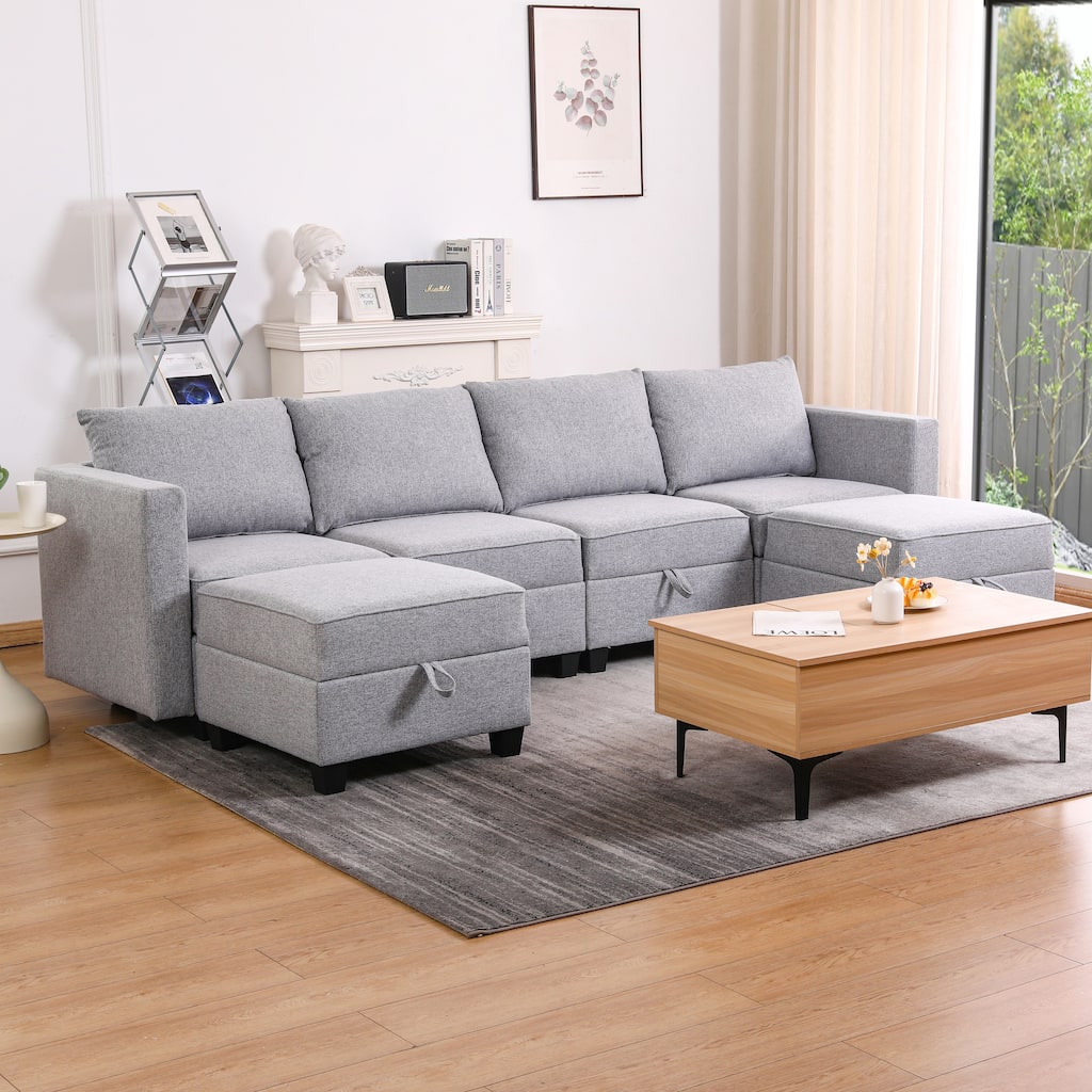 Convertible Modular Sectional Sofa Couch with Storage Seat, U Shaped 4 - Seat, Light Grey Burlap