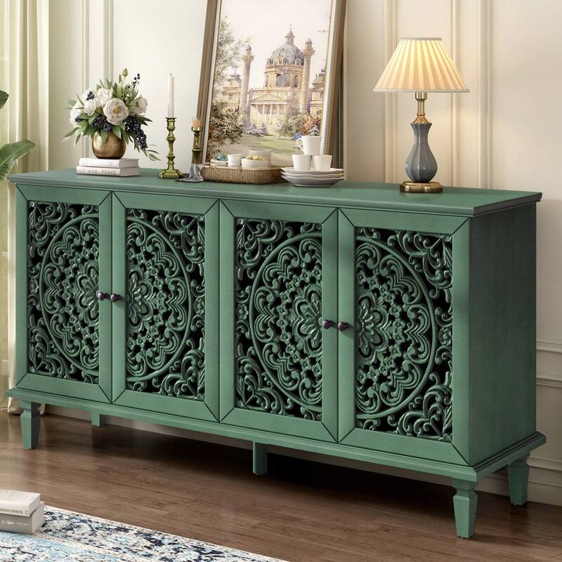 60" Antique Buffet Sideboard with Floral Carvings Solid Wood Legs and Adjustable Shelves for Versatile Storage
