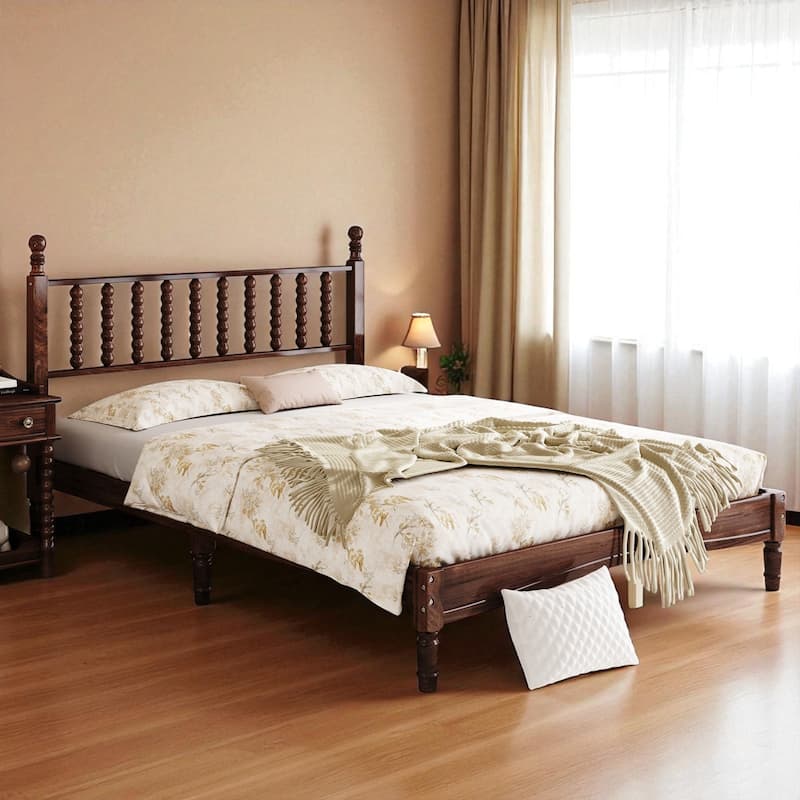Queen Size Retro Wood Platform Bed with Gourd Shaped Headboard and Wooden Slats