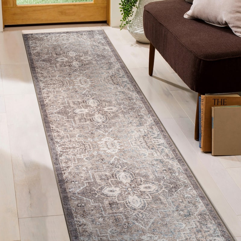 Beige Floral Medallion Washable Rug - Low Pile, Non-Slip - Beige - 2'6" x 6'