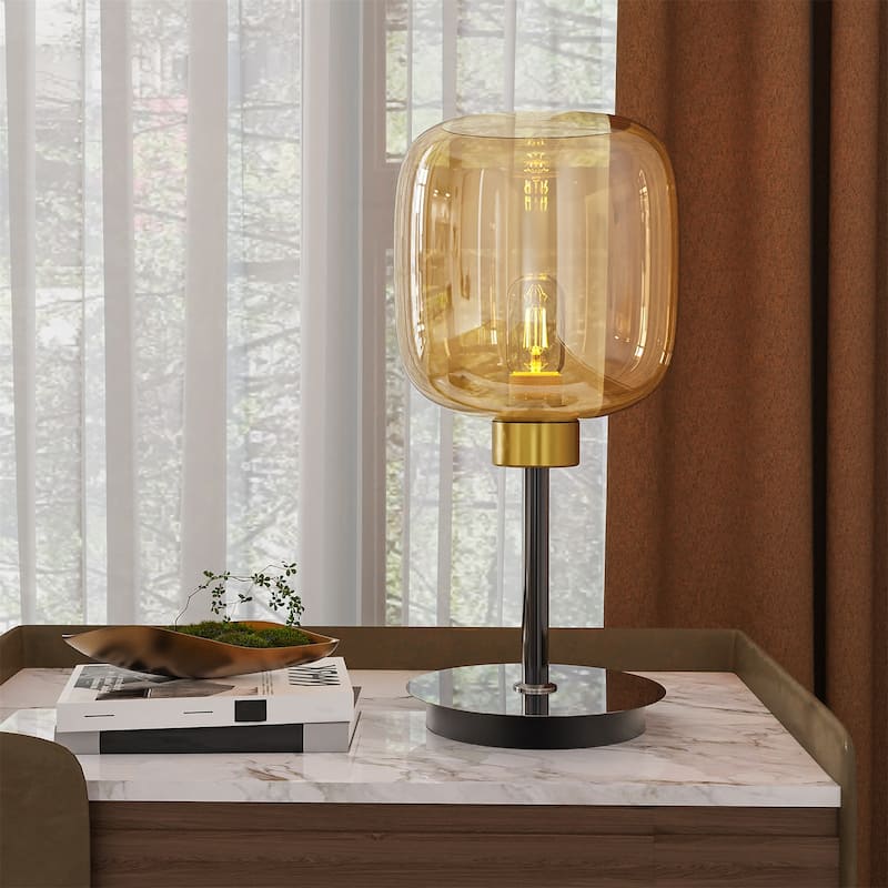 Industrial Bedside Table Lamp Amber-tinted Glass Lampshade Nightstand Desk Light