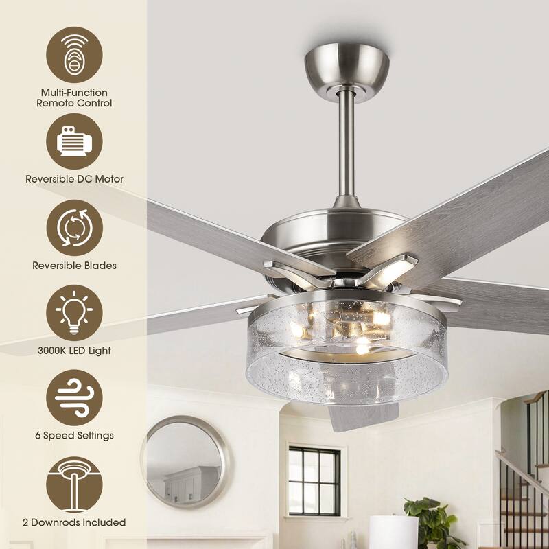52-inch Modern Satin Nickel Bubble Shade Ceiling Fan with Light and Reversible Blades - 52'' W x 18.7" H