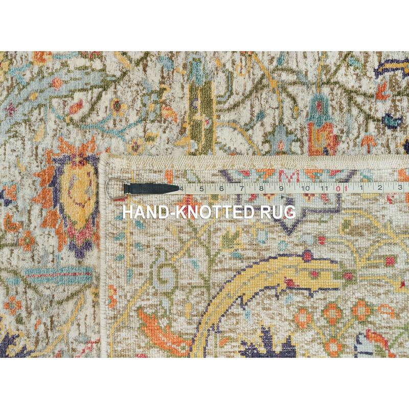 Shahbanu Rugs Manchester Tan, Hand Knotted Sickle Leaf Design, Silk With Textured Wool, Soft