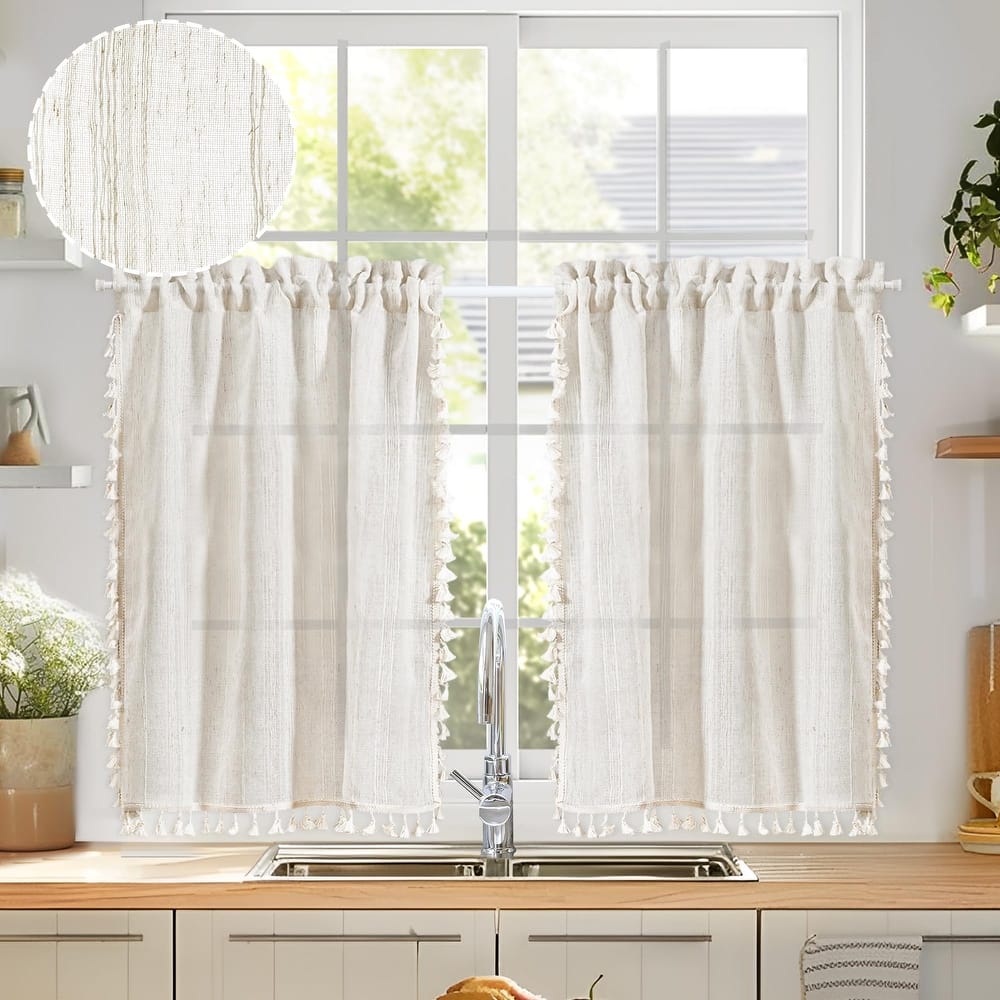 Boho Stripe Textured Linen Tier Cafe Curtains with Tassel for Kitchen