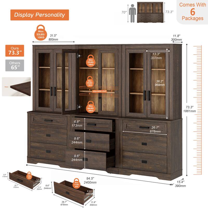 3 Tier Bookcase with Drawer,73.3" Tall Floor Standing Bookshelf