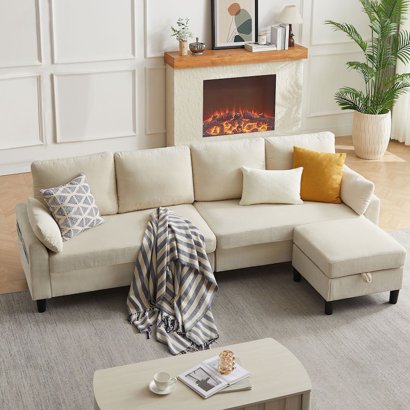 101'' Corduroy Upholstered Sectional Sofa With Storage Ottoman