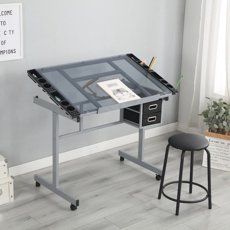 Drafting Table with Pencil Drawers Side Trays & Built-In Pencil Ledge ...
