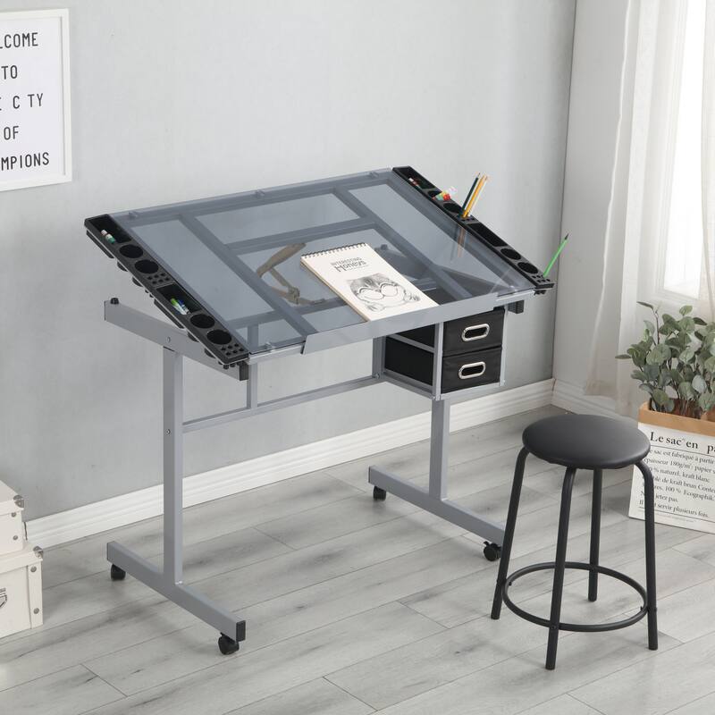 Modern Adjustable Drafting Table with Glass Top, 2 Slide Drawers, Anti-slip Wheels for Crafting & Drawing
