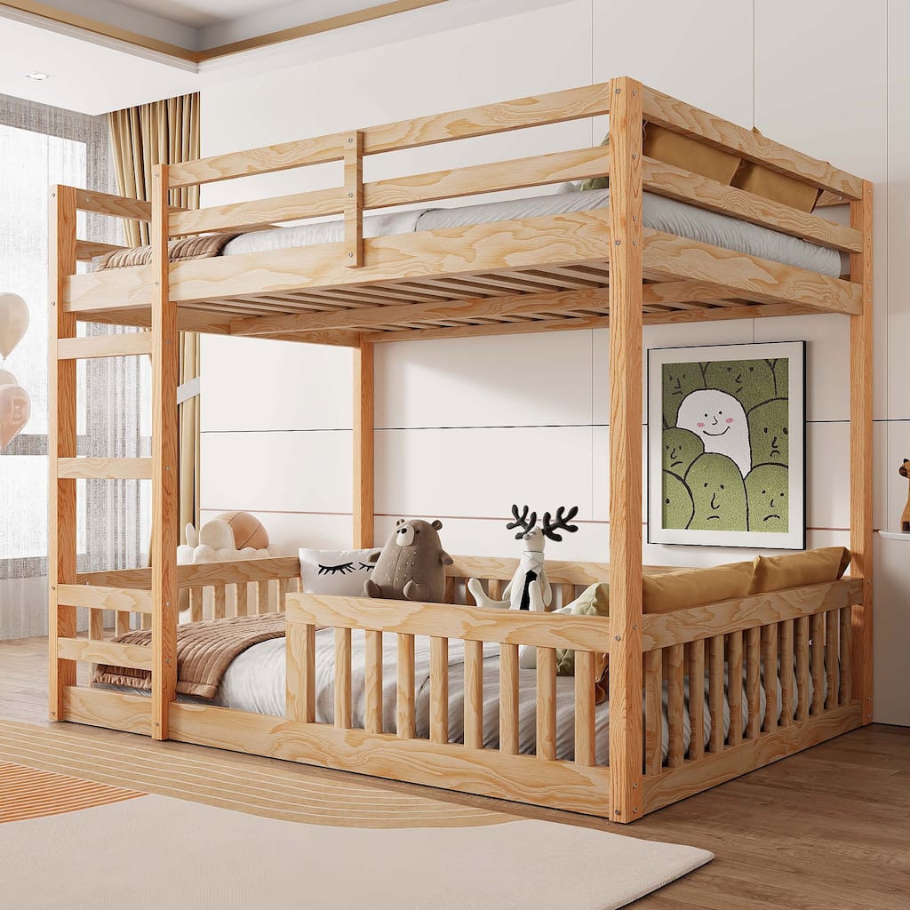 Full over Full Bunk Bed Natural Bed Frame with Wood Grain Finish