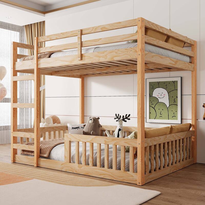 Full over Full Wood Bunk Bed with Ladder and Guardrails, No Box Spring Required - Natural