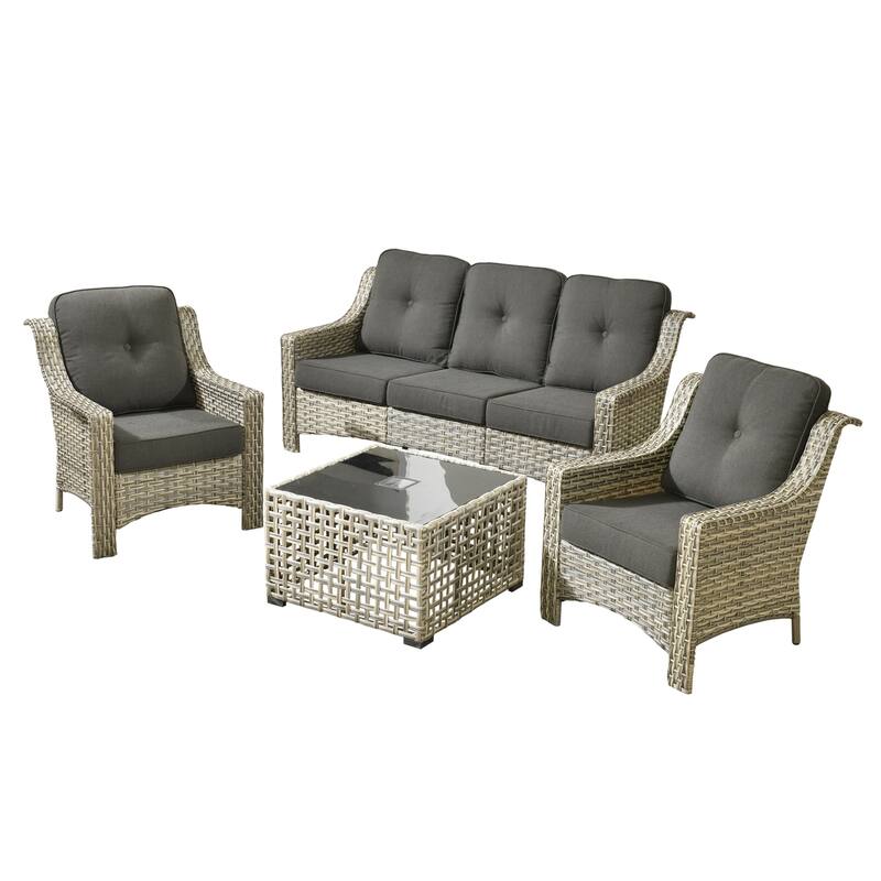 HOOOOWOOO 5-piece Wicker Rattan Patio Outdoor Furniture Ergonomic Conversation Set with Coffee Table