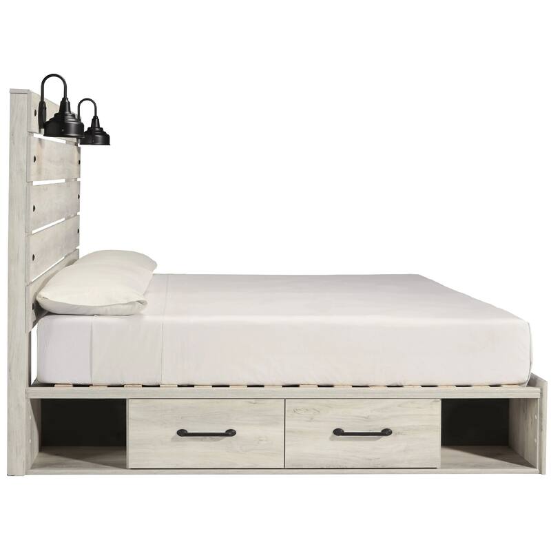 Cemy Rustic King Panel Bed, 2 Sconce Lights and 4 Drawers, Whitewash