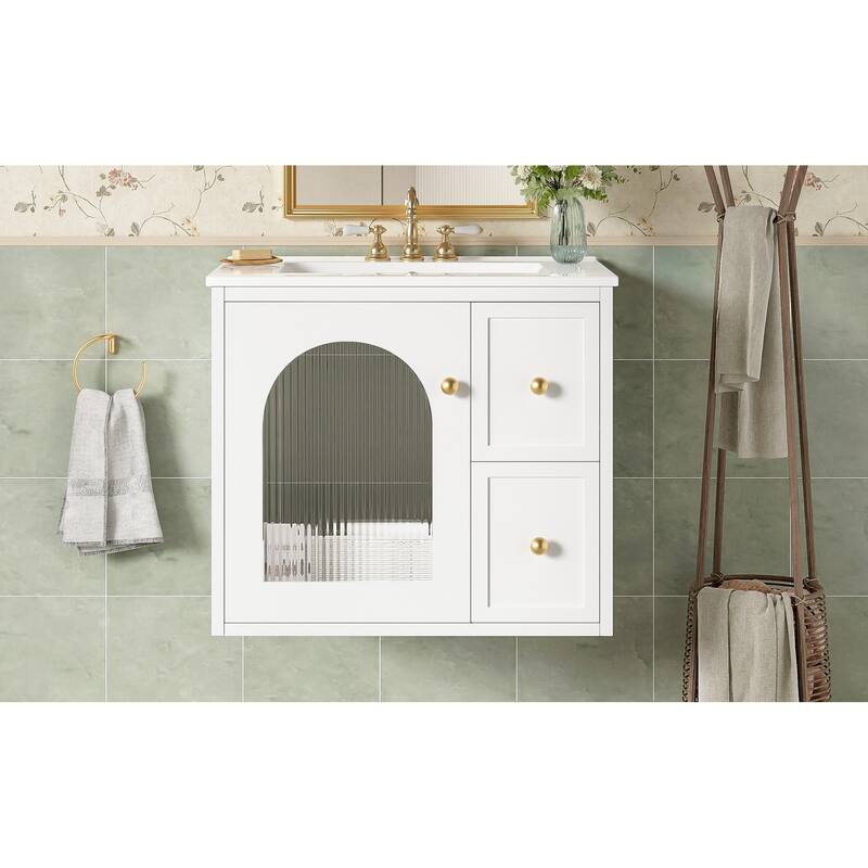 24" Bathroom Vanity Set Wall Mounted for Small Space, Bathroom Cabinet with Ceramic Sink, 2 Drawers and 1 Soft-Close Door