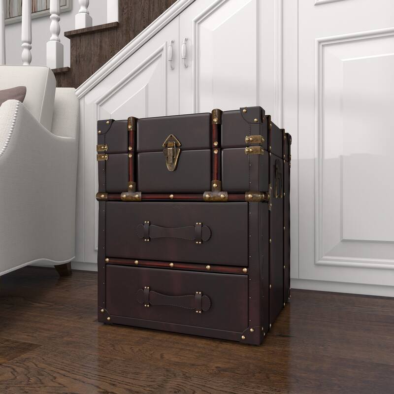 Dark Brown Faux Leather Vintage Faux Leather 2 Drawer Cabinet with Buckle Hinged Top