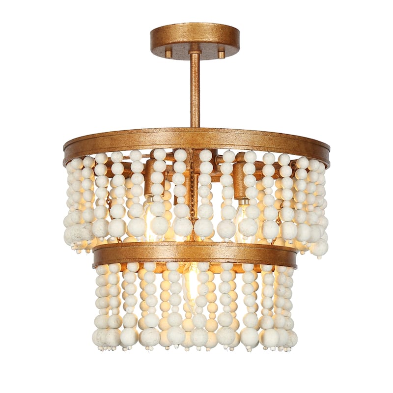 Coasa Modern Semi-flush Mount Lights 2-tier Drum Chandelier with Wooden Beads Entryway Dining room - D14'' x H17''