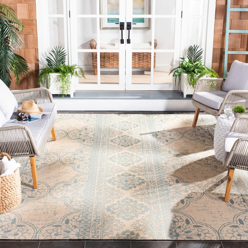 SAFAVIEH Beach House Belina Indoor/ Outdoor Waterproof Patio Backyard Rug - 9' x 12' - Aqua/Cream