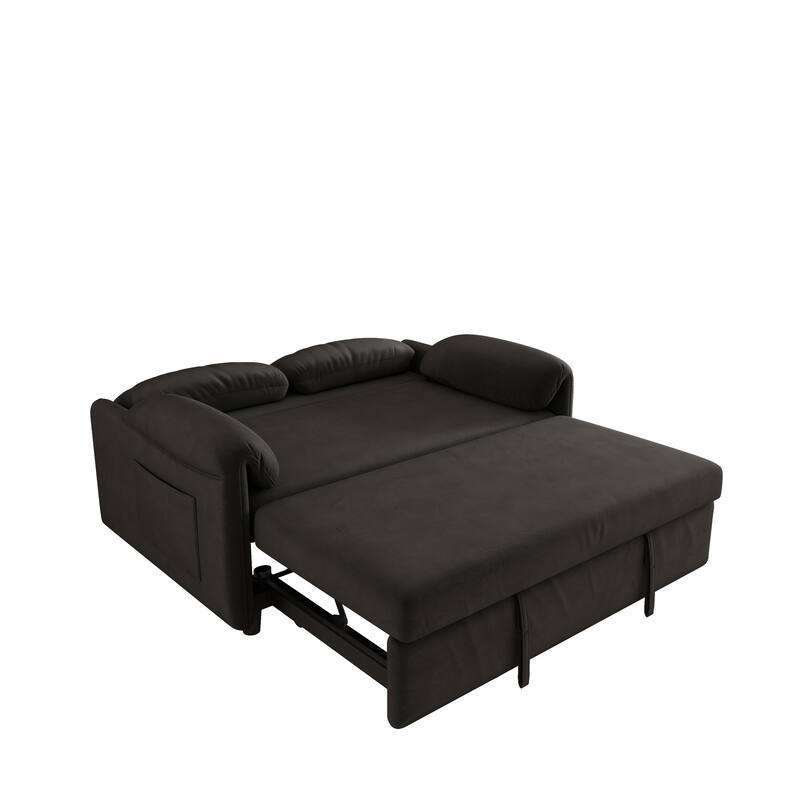 3 in 1 Convertible Sleeper Sofa Bed, Velvet Pull Out Couch Bed, Loveseat Sofa with Reclining Back & Pillows Armrests
