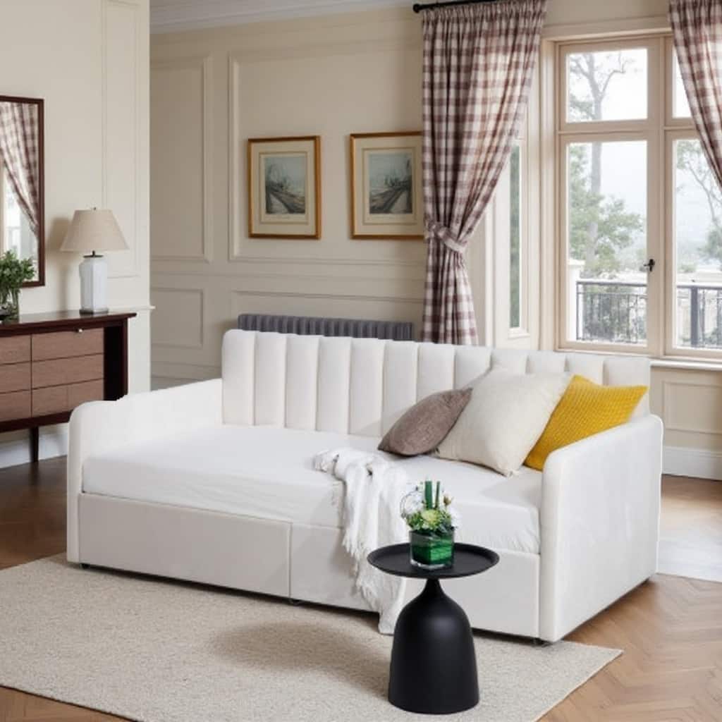 Velvet Twin Size Daybed with Ribbed Backrest, 2 Dust-Proof Storage Drawers, Boucle Upholstery, Sturdy Metal Frame