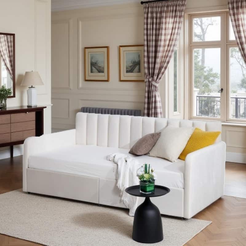 Velvet Twin Size Daybed with Ribbed Backrest, 2 Dust-Proof Storage Drawers, Boucle Upholstery, Sturdy Metal Frame - Ivory