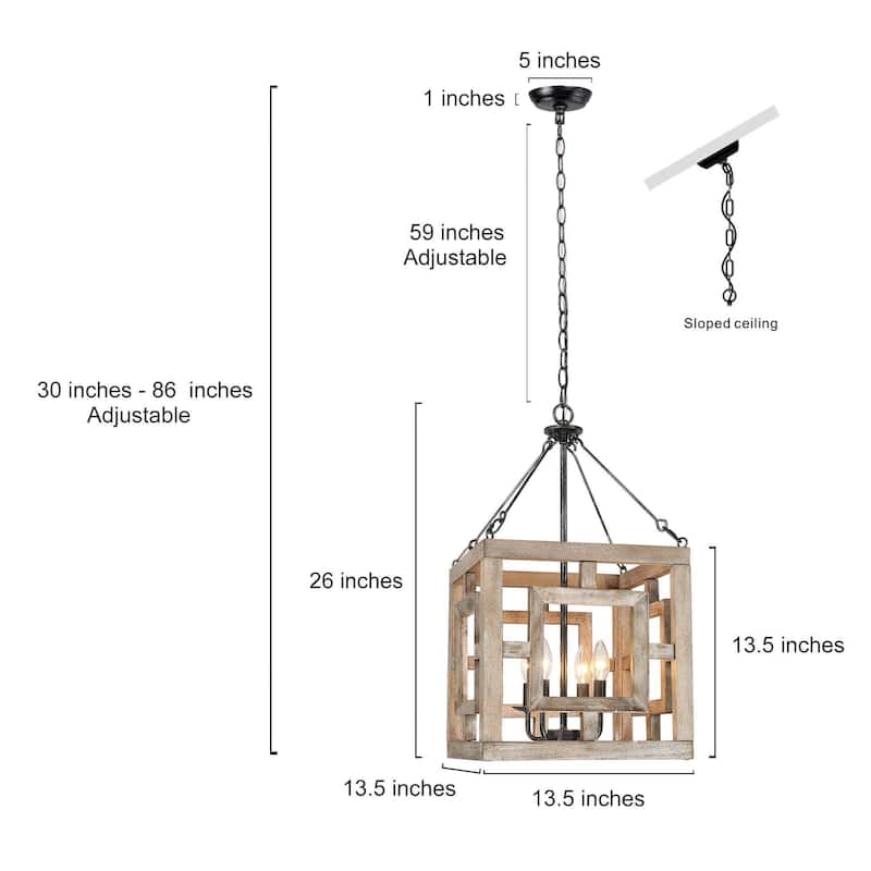 Farmhouse 4-Light Lantern Chandelier Rustic Square Wood Pendant Light - W13.5"xD13.5"xH13.5"