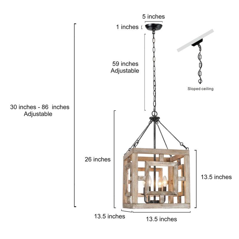 Modern Farmhouse 4-Light Pendant Wood Rustic Square Island Lights - W 13.5" x D 13.5" x H 26"
